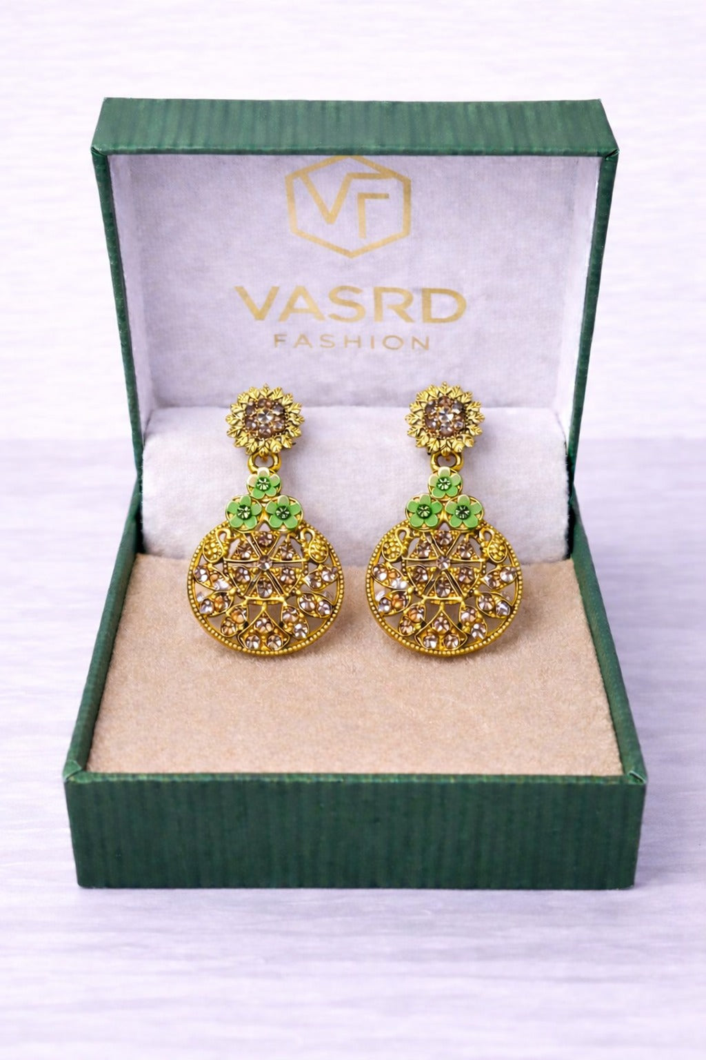 Gold Plated Crystal Floral Drop Earrings with Green Enamel